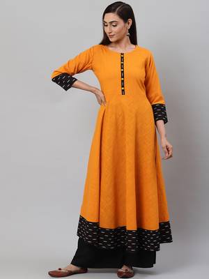 Women'S Cotton Slub Mustard Anarkali Kurta 1