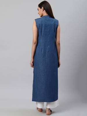 Women'S Denim Pintucks Sleeveless Straight Kurta 4