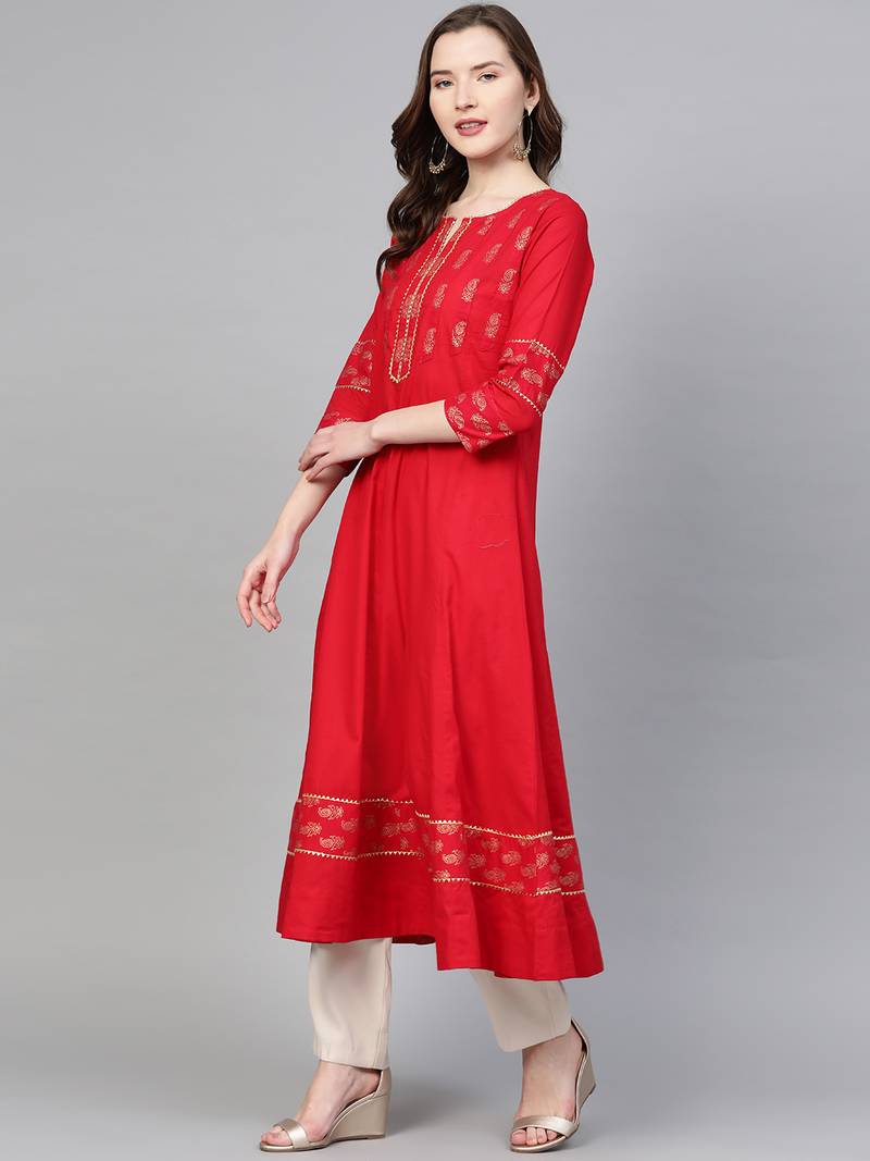 Women'S Cotton Floral Printed Anarkali Kurta