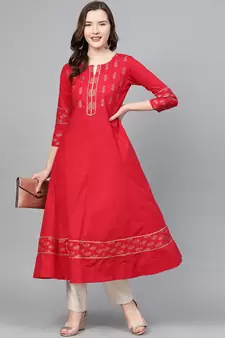 Women'S Cotton Floral Printed Anarkali Kurta