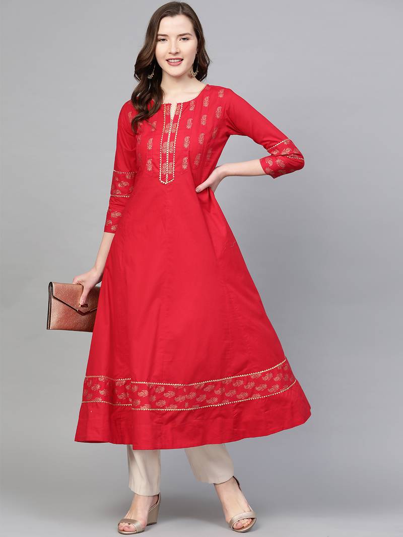 Women'S Cotton Floral Printed Anarkali Kurta
