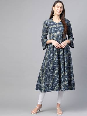 Women'S Cotton Floral Printed Anarkali Kurta (Blue) 1