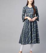 Women'S Cotton Floral Printed Anarkali Kurta (Blue)