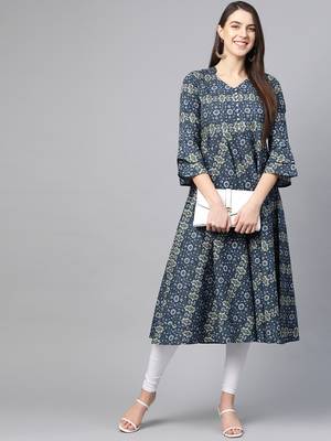Women'S Cotton Floral Printed Anarkali Kurta (Blue) 2