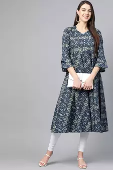 Women'S Cotton Floral Printed Anarkali Kurta (Blue)