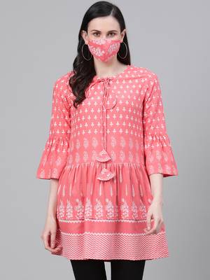 Women'S/Girls Rayon Floral Printed Short Kurti (Peach) 1