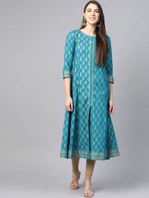 Women'S Cotton Gold Print Anarkali Kurta (Teal) 1