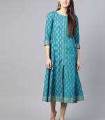 Women'S Cotton Gold Print Anarkali Kurta (Teal)