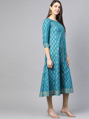 Women'S Cotton Gold Print Anarkali Kurta (Teal) 2
