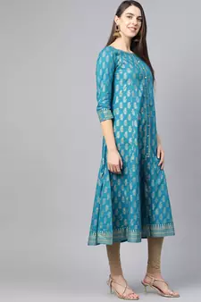 Women'S Cotton Gold Print Anarkali Kurta (Teal)