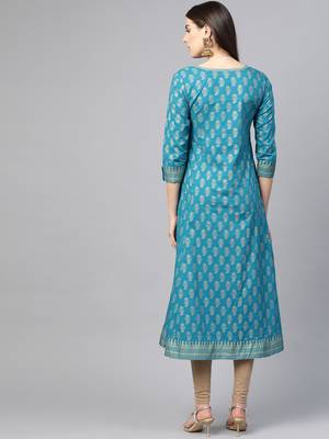 Women'S Cotton Gold Print Anarkali Kurta (Teal) 3