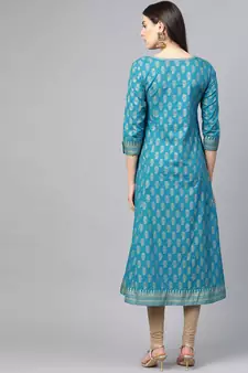Women'S Cotton Gold Print Anarkali Kurta (Teal)