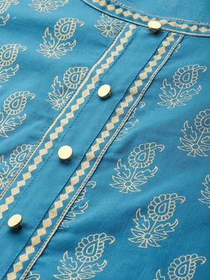 Women'S Cotton Gold Print Anarkali Kurta (Teal) 4