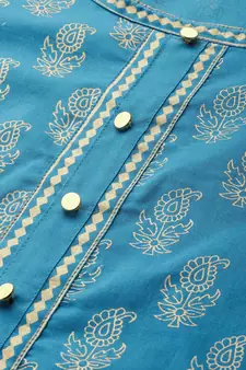 Women'S Cotton Gold Print Anarkali Kurta (Teal)
