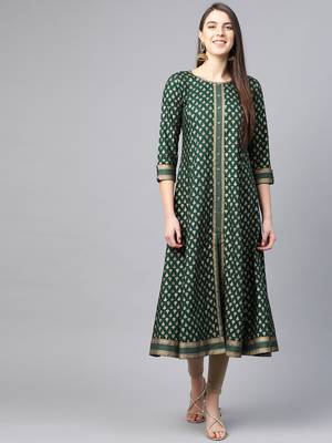 Women'S Rayon Golden Floral Printed A-Line Kurta (Green) 1