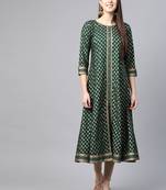 Women'S Rayon Golden Floral Printed A-Line Kurta (Green)