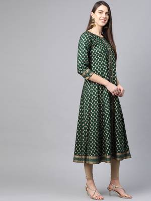 Women'S Rayon Golden Floral Printed A-Line Kurta (Green) 2