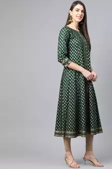 Women'S Rayon Golden Floral Printed A-Line Kurta (Green)