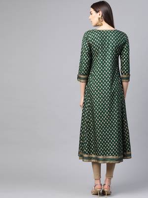 Women'S Rayon Golden Floral Printed A-Line Kurta (Green) 3