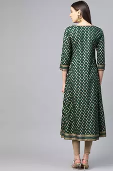 Women'S Rayon Golden Floral Printed A-Line Kurta (Green)