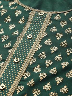 Women'S Rayon Golden Floral Printed A-Line Kurta (Green) 4