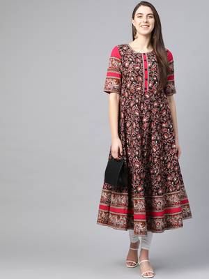 Women'S Cotton Floral Printed Anarkali Kurta (Black) 1