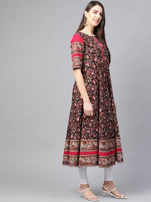 Women'S Cotton Floral Printed Anarkali Kurta (Black) 2