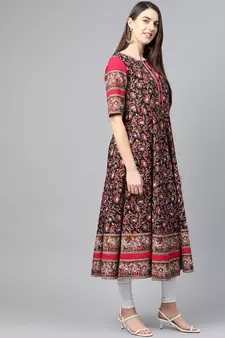 Women'S Cotton Floral Printed Anarkali Kurta (Black)