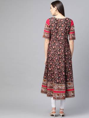 Women'S Cotton Floral Printed Anarkali Kurta (Black) 3