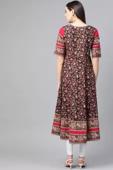 Women'S Cotton Floral Printed Anarkali Kurta (Black)