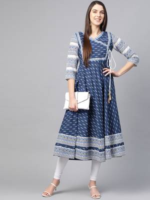 Women'S Cotton & Cotton Slub Ikat Printed Anarkali Kurta (Blue) 1