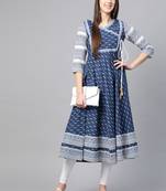 Women'S Cotton & Cotton Slub Ikat Printed Anarkali Kurta (Blue)