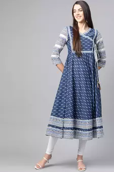 Women'S Cotton & Cotton Slub Ikat Printed Anarkali Kurta (Blue)