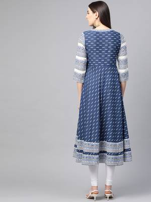 Women'S Cotton & Cotton Slub Ikat Printed Anarkali Kurta (Blue) 3