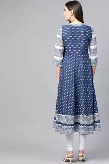 Women'S Cotton & Cotton Slub Ikat Printed Anarkali Kurta (Blue)