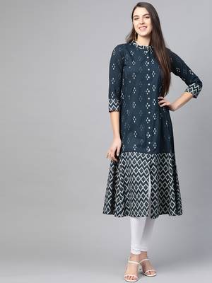 Women'S Cotton Ikat Printed A-Line Kurta (Blue) 1