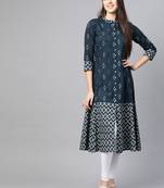 Women'S Cotton Ikat Printed A-Line Kurta (Blue)