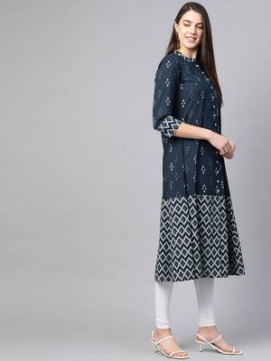 Women'S Cotton Ikat Printed A-Line Kurta (Blue) 2