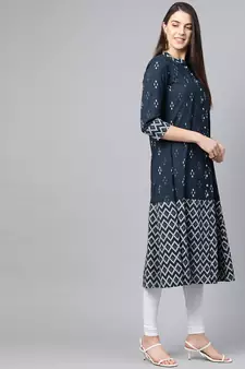 Women'S Cotton Ikat Printed A-Line Kurta (Blue)