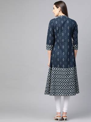 Women'S Cotton Ikat Printed A-Line Kurta (Blue) 3