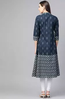 Women'S Cotton Ikat Printed A-Line Kurta (Blue)