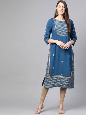 Women'S Rayon Golden Floral Printed Straight Kurta(Blue) 1