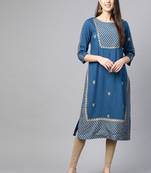 Women'S Rayon Golden Floral Printed Straight Kurta(Blue)