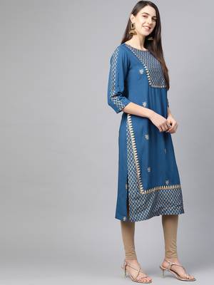Women'S Rayon Golden Floral Printed Straight Kurta(Blue) 2