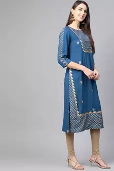 Women'S Rayon Golden Floral Printed Straight Kurta(Blue)