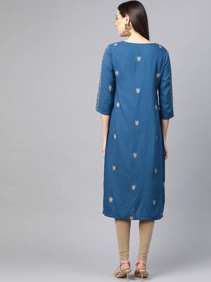 Women'S Rayon Golden Floral Printed Straight Kurta(Blue) 3