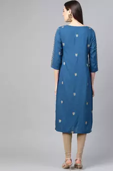 Women'S Rayon Golden Floral Printed Straight Kurta(Blue)