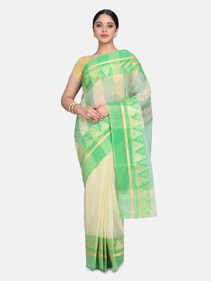 Green Plain Cotton Saree 1