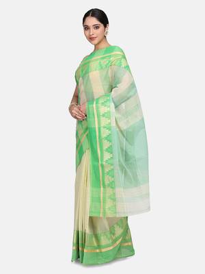 Green Plain Cotton Saree 3
