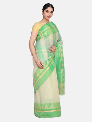 Green Plain Cotton Saree 4